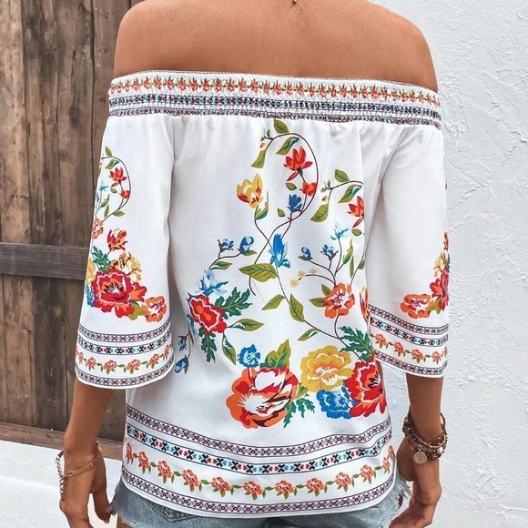 Multicolor Boho Womens Floral Print Off Shoulder Blouse - Picture 2 of 5